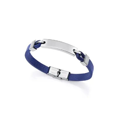 Pulsera acero placa y piel azul sr 15170P01013