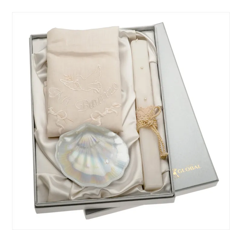 SET BAUTISMO VELA MAS PAÑO CONCHA MADRE